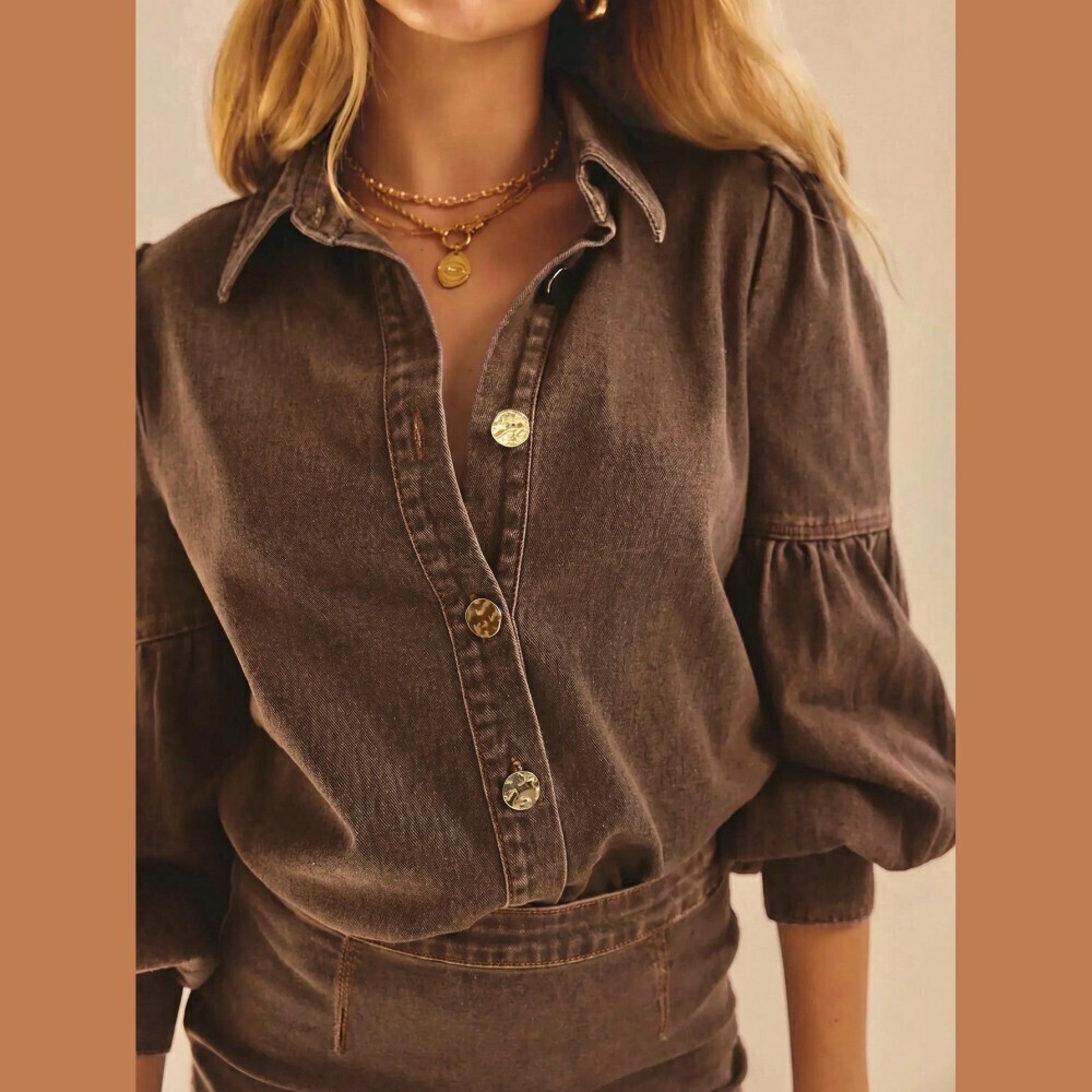 Brown Denim Button Front Shirt with Bishop Sleeves - Picture 1 of 7